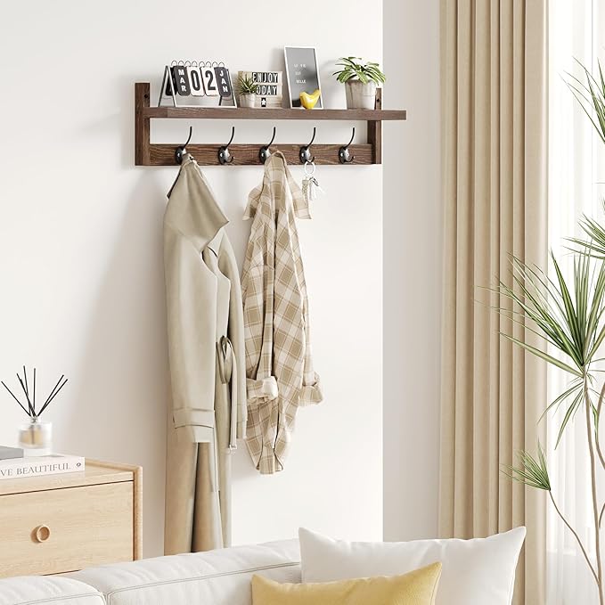 AMBIRD 28.9 Inch Length Shelf with Hooks Entryway Coat Rack Wall Mount Wood Coat Hooks with Shelf Wall-Mounted Coat Hook Rack with 5 Dual Hooks for Bathroom, Living Room, Bedroom (Brown)